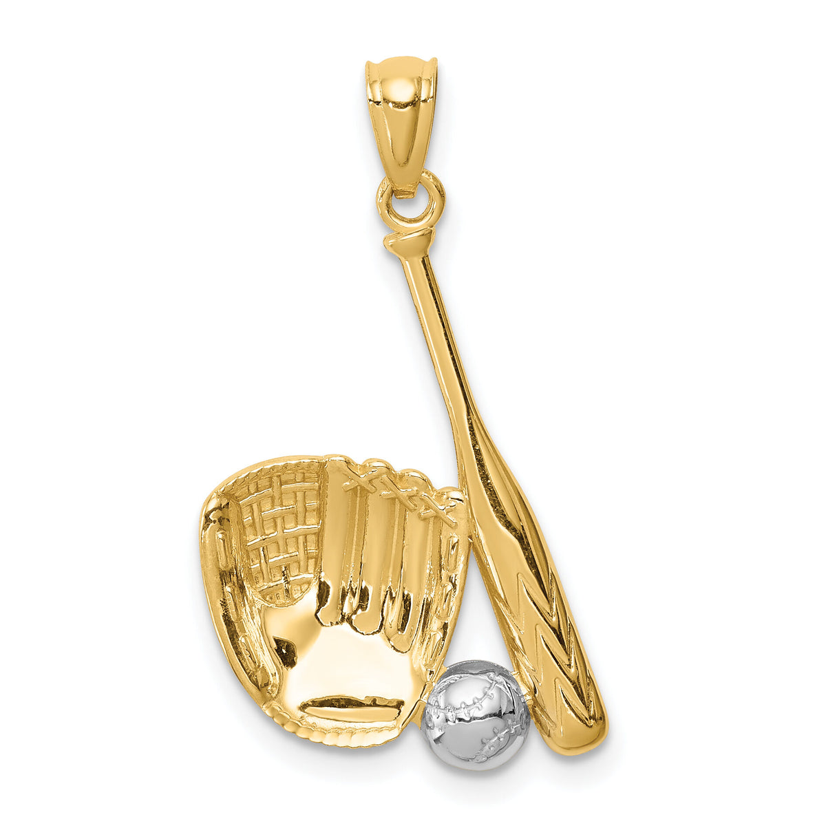 14K White Rhodium Baseball Glove Bat Ball Pendant-C4686