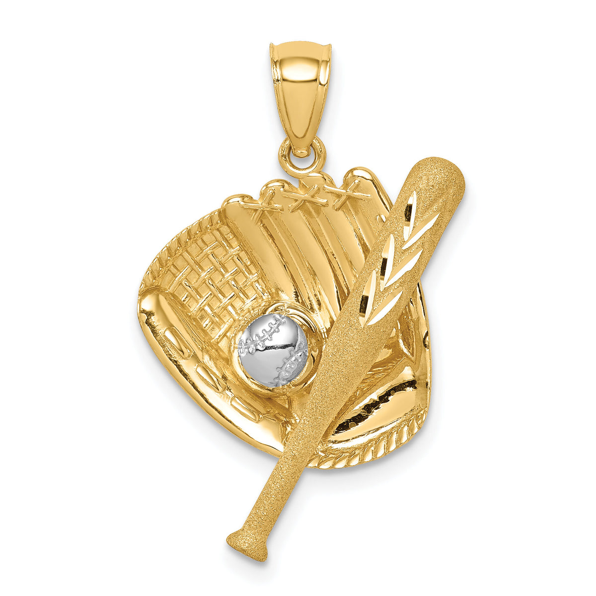 14K D/C White Rhodium Baseball Bat Glove Ball Pendant-C4687