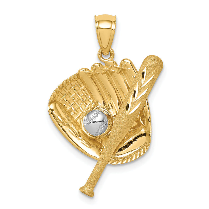 14K D/C White Rhodium Baseball Bat Glove Ball Pendant-C4687