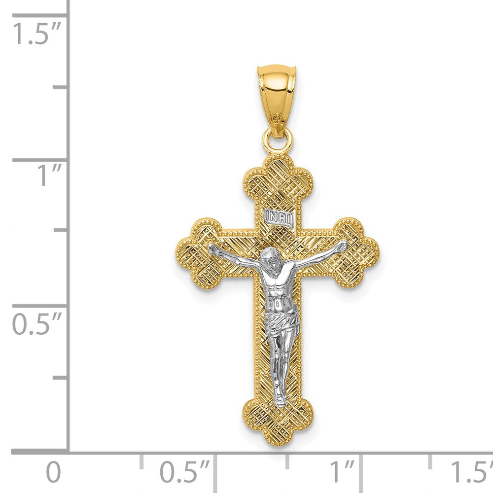 14K Two-Tone w/Rhodium Inri Budded Crucifix-C4705