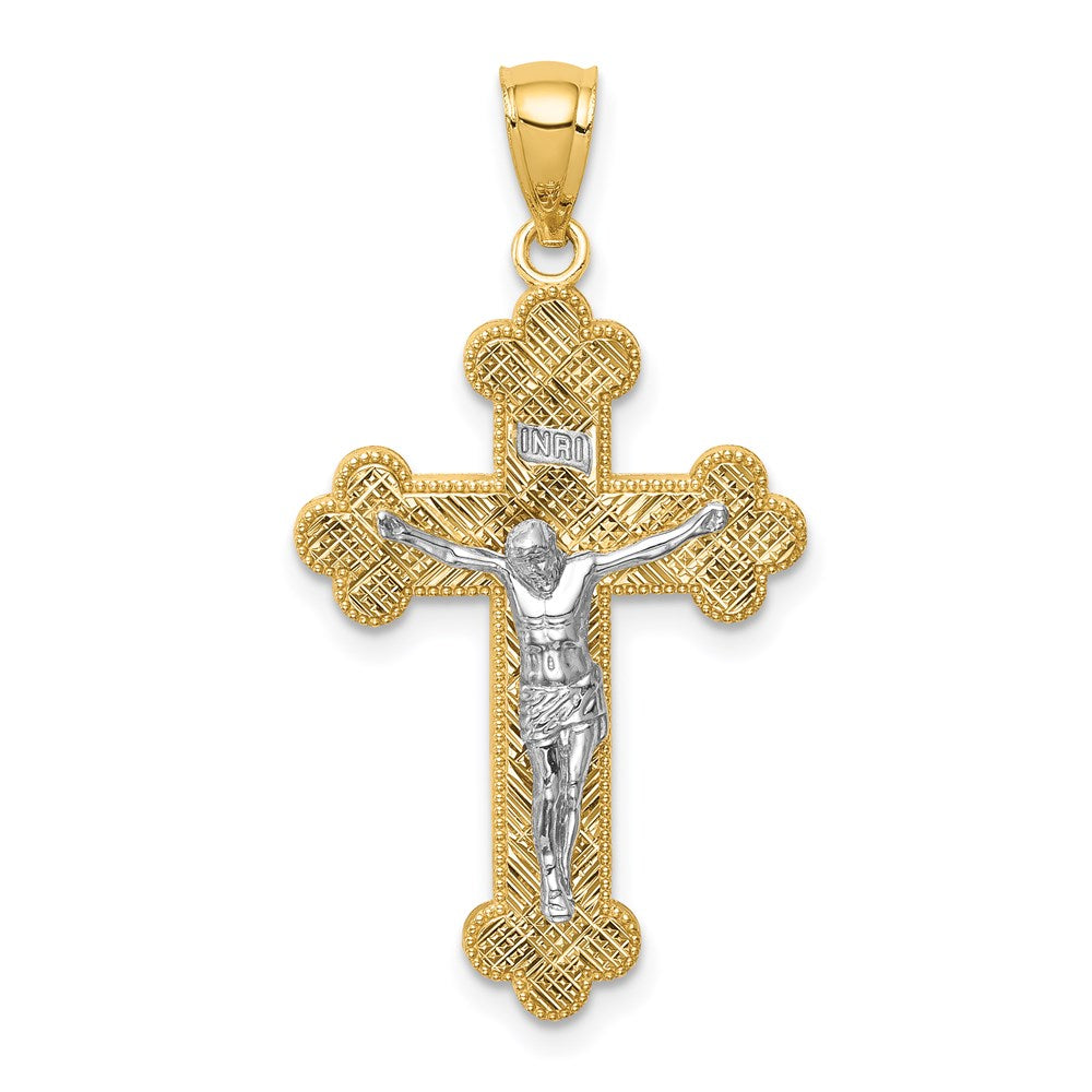 14K Two-Tone w/Rhodium Inri Budded Crucifix-C4705