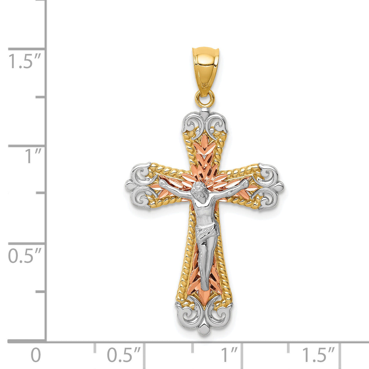 14K Tri-Color D/C w/White Rhodium Crucifix Pendant-C4706