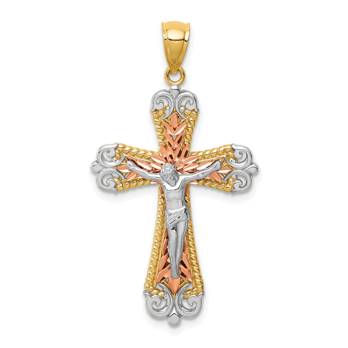 14K Tri-Color D/C w/White Rhodium Crucifix Pendant-C4706