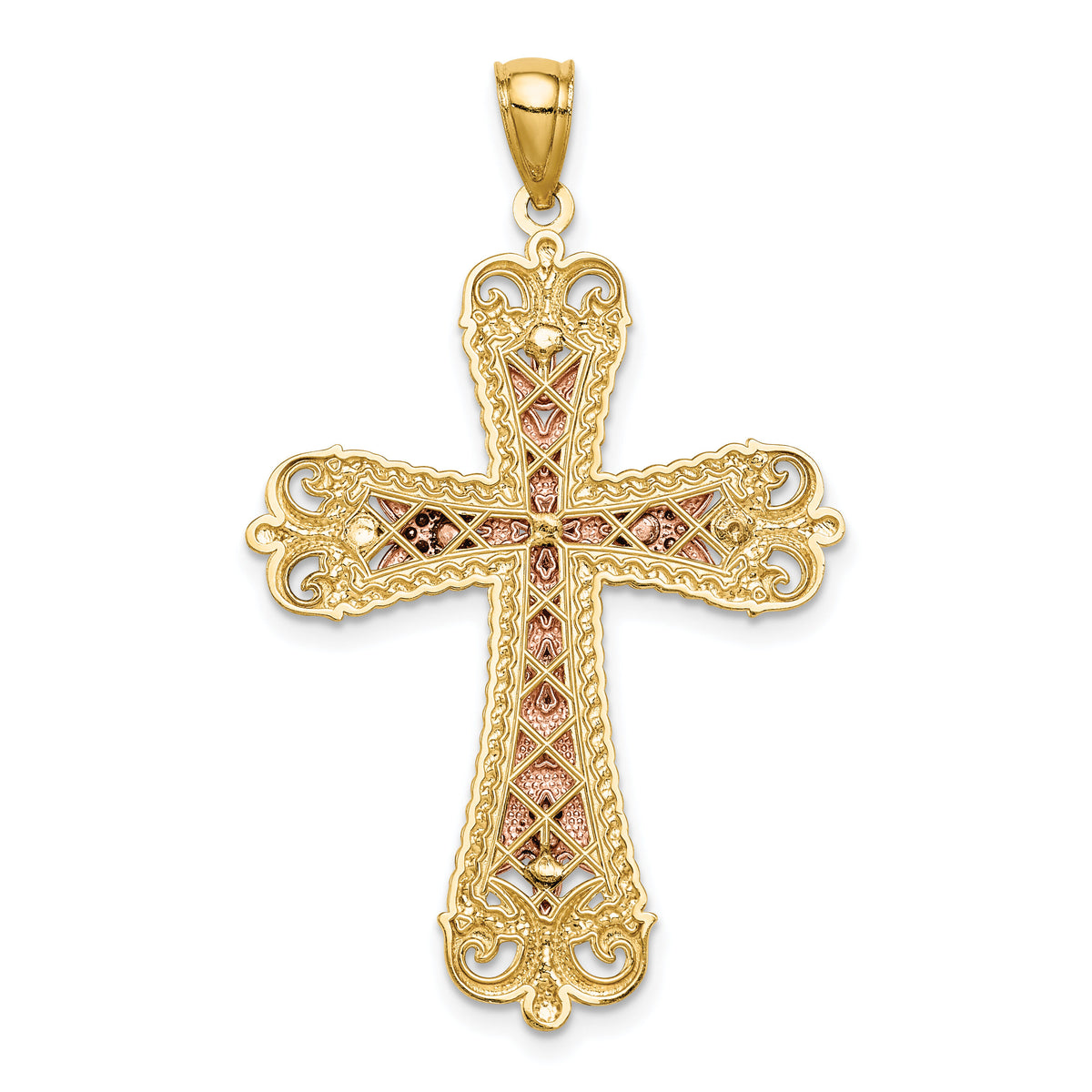 14K Tri-Color w/Rhodium Crucifix Pendant-C4708