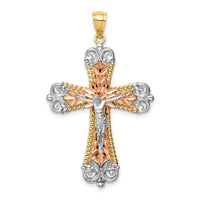 14K Tri-Color w/Rhodium Crucifix Pendant-C4708
