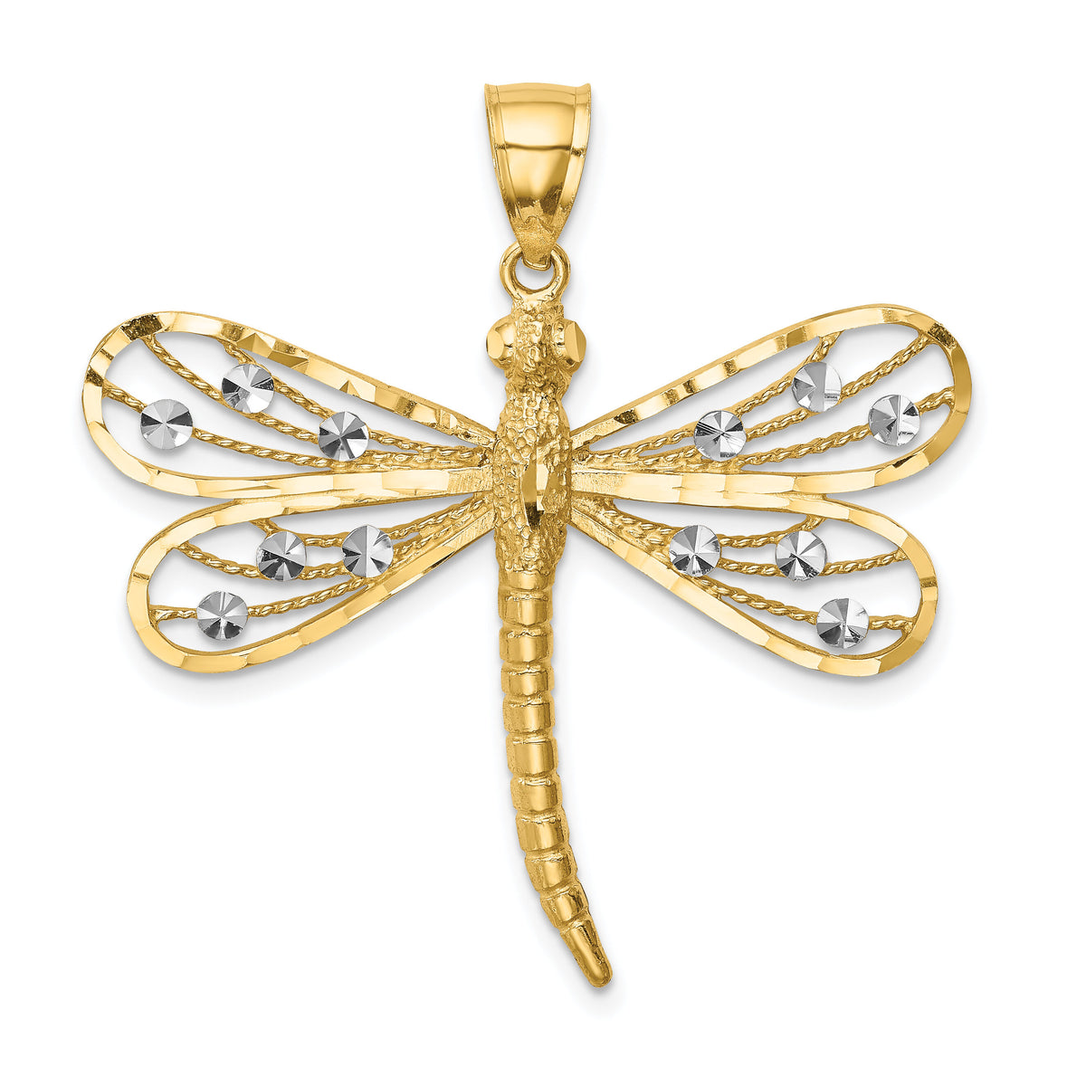 14K Diamond-cut White Rhodium Dragonfly Pendant-C4792