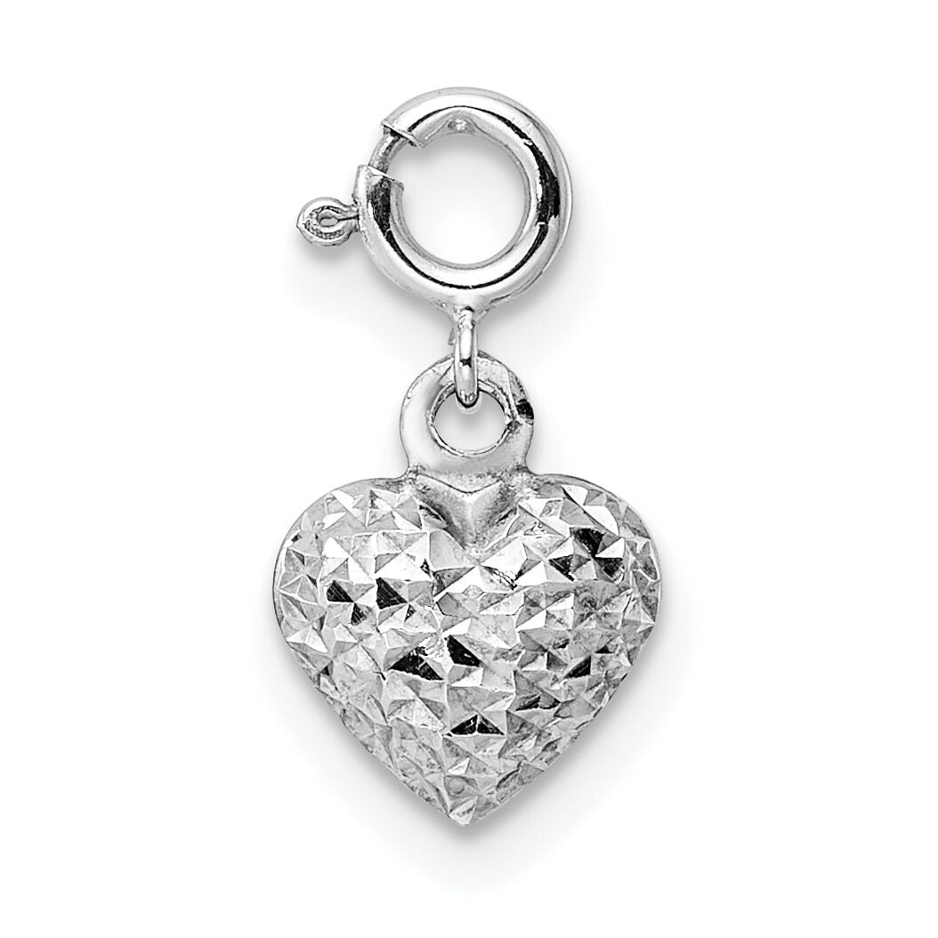 14K White Gold Diamond-cut Heart Spring Ring Charm Pendant-C4829