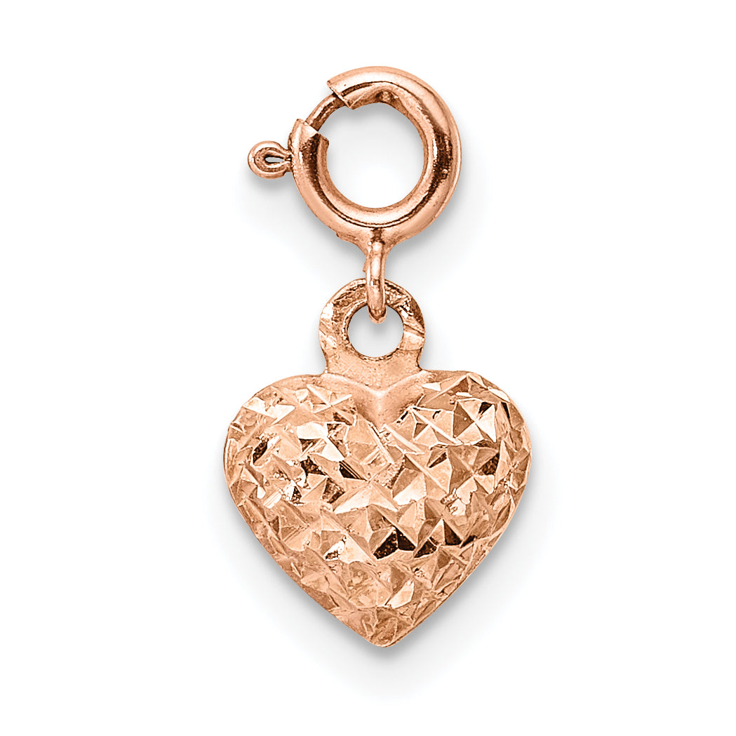 14K Rose Gold Diamond-cut Heart W/Spring Ring Charm Pendant-C4830
