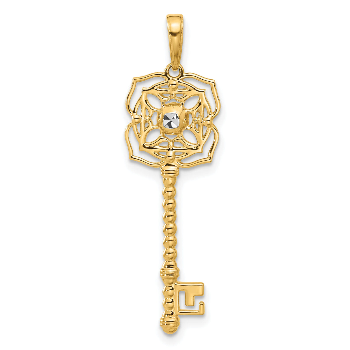 14k and White Rhodium D/C Floral Key Pendant-C4836