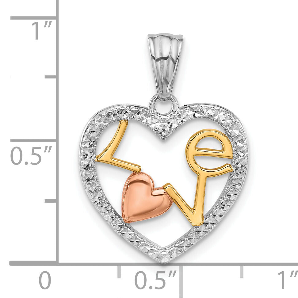 14K Tri-Color Diamond-cut LOVE in Heart Pendant-C4841