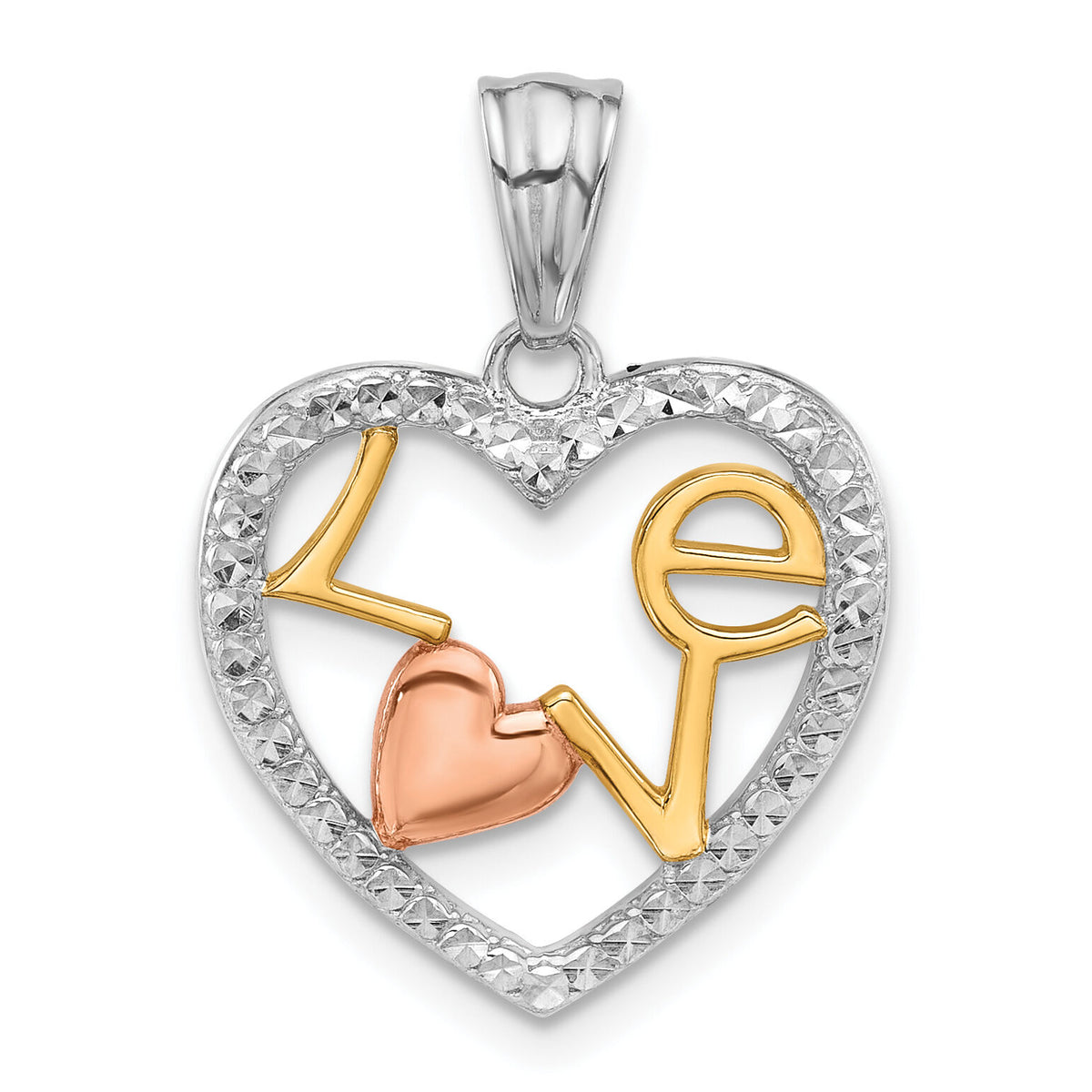 14K Tri-Color Diamond-cut LOVE in Heart Pendant-C4841