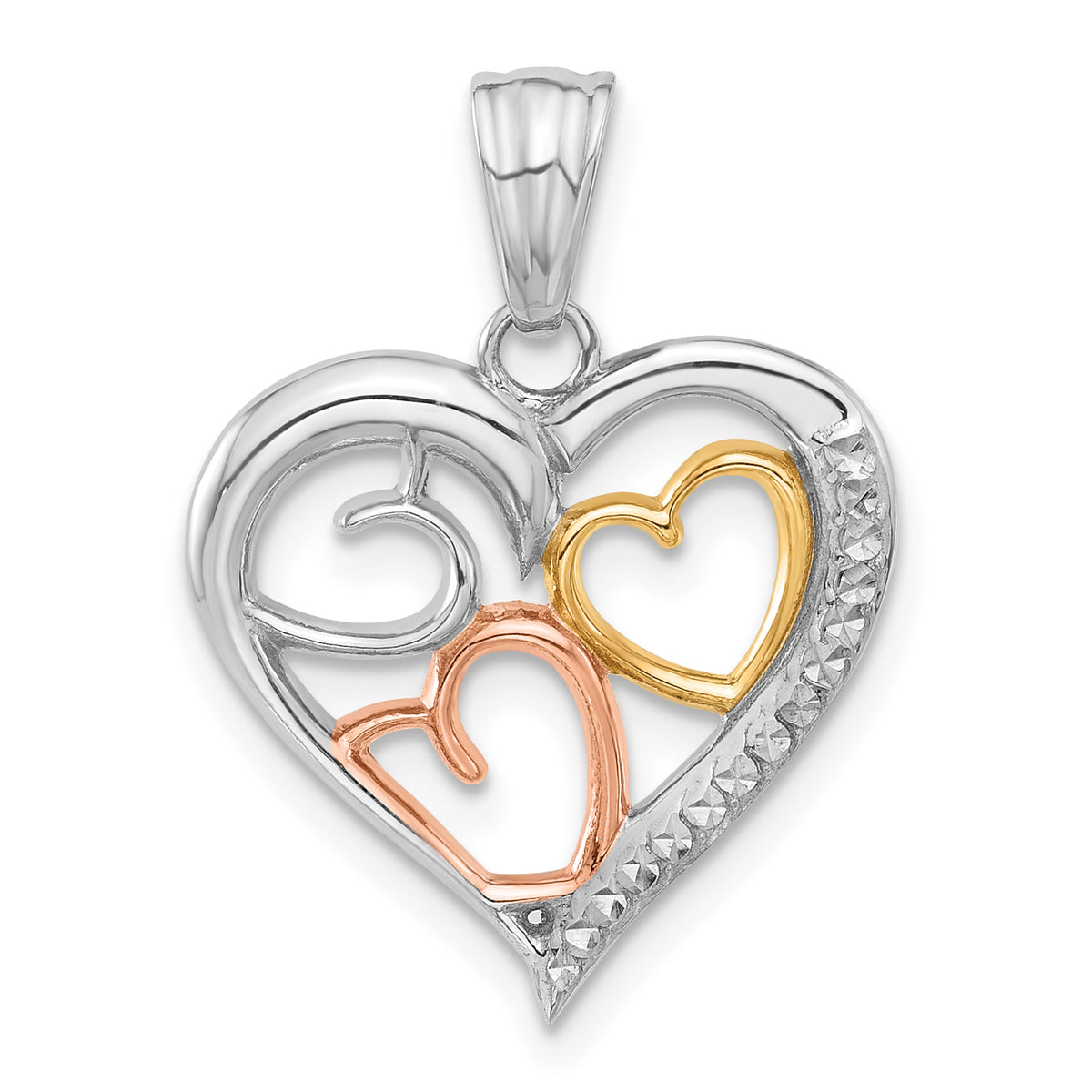 14K Tri-color Diamond-cut Hearts Pendant-C4842