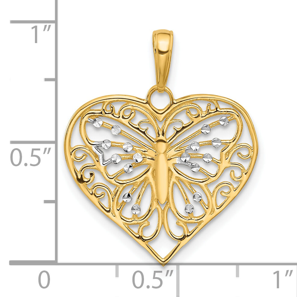 14K and White Rhodium D/C Butterfly Heart Pendant-C4844