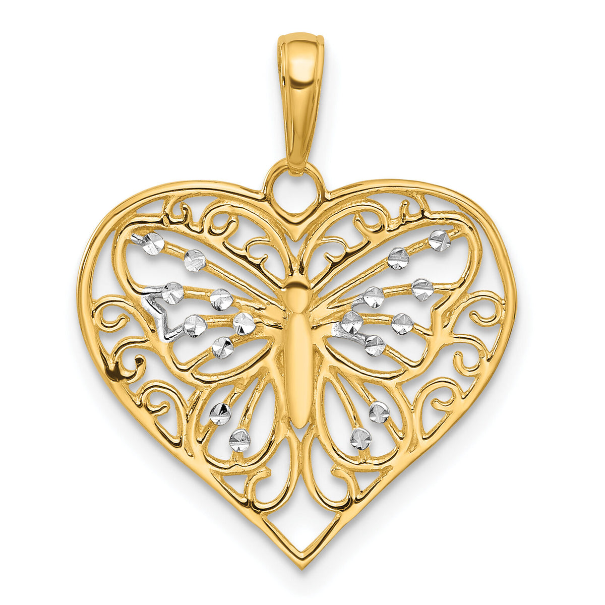 14K and White Rhodium D/C Butterfly Heart Pendant-C4844