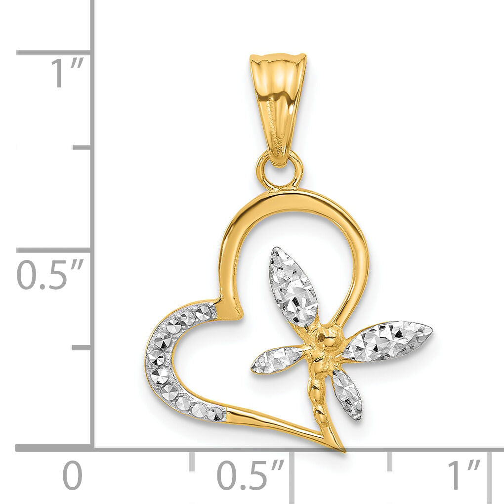 14K and White Rhodium D/C Dragonfly on Heart Pendant-C4845
