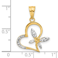 14K and White Rhodium D/C Dragonfly on Heart Pendant-C4845