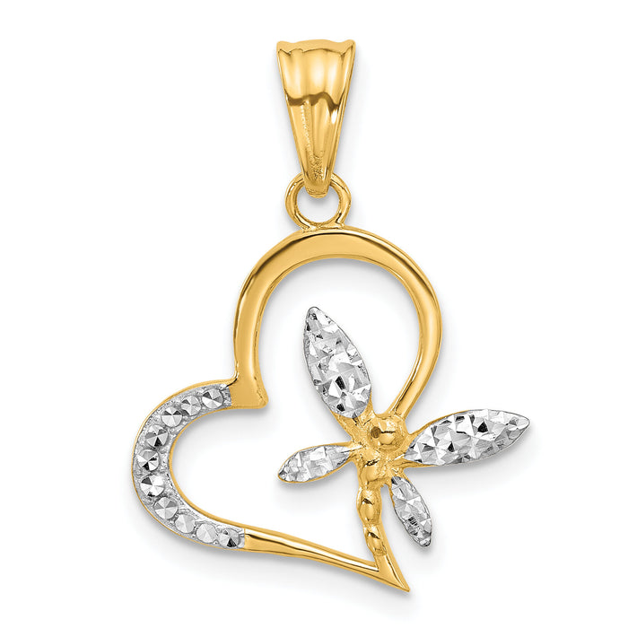 14K and White Rhodium D/C Dragonfly on Heart Pendant-C4845