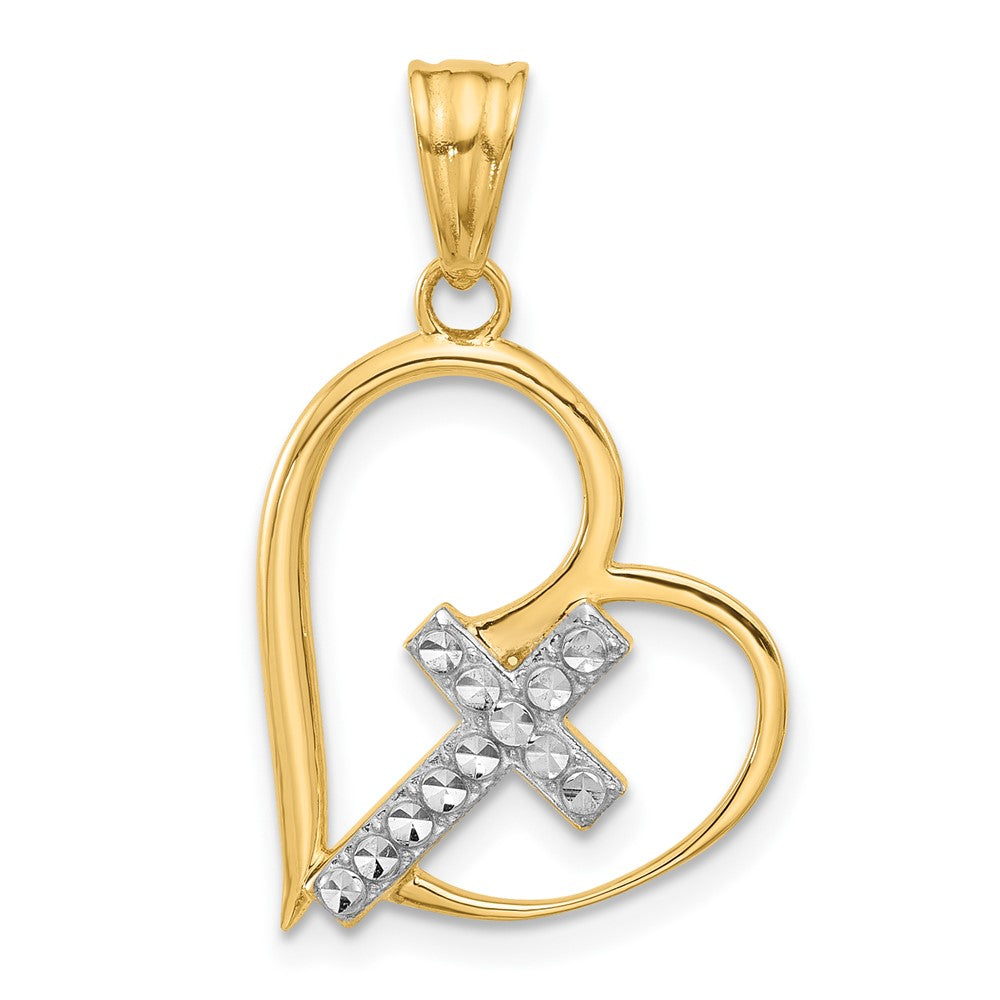 14K and White Rhodium Diamond-cut Cross in Heart Pendant-C4846
