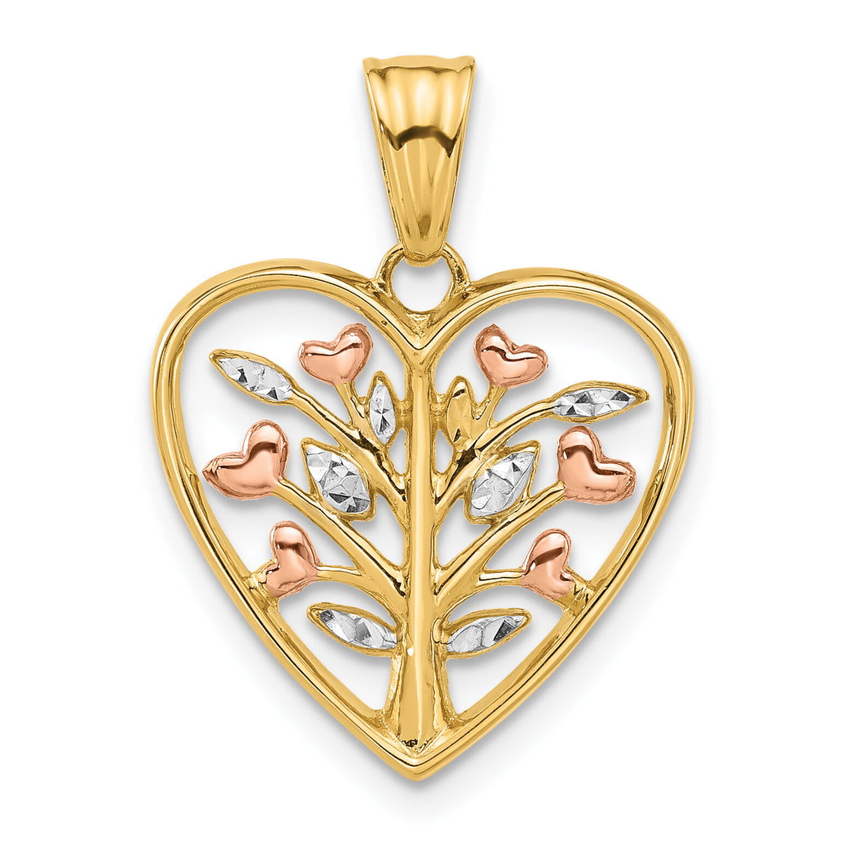 14K Rose-plated and White Rhodium Diamond-cut Branches in Heart Pendant-C4850