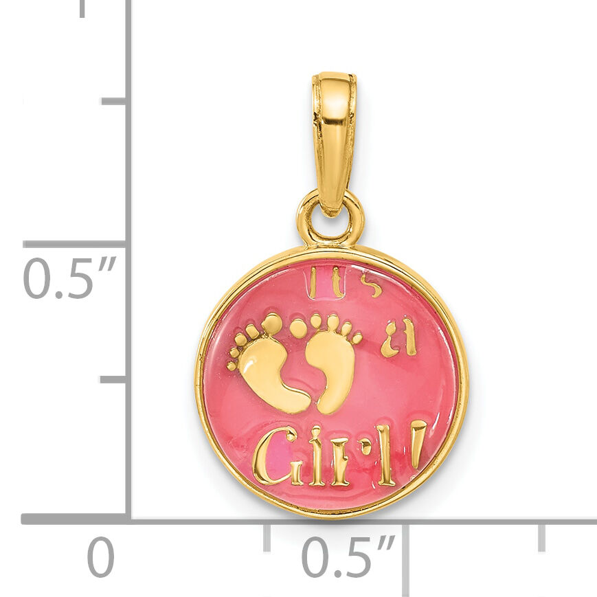 14K Polished with Pink Enamel and Clear Epoxy Resin It's A Girl Pendant-C4860