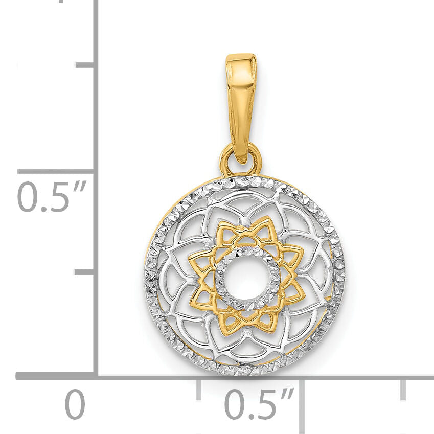 14k and White Rhodium Polished Floral Design Circle Pendant-C4869
