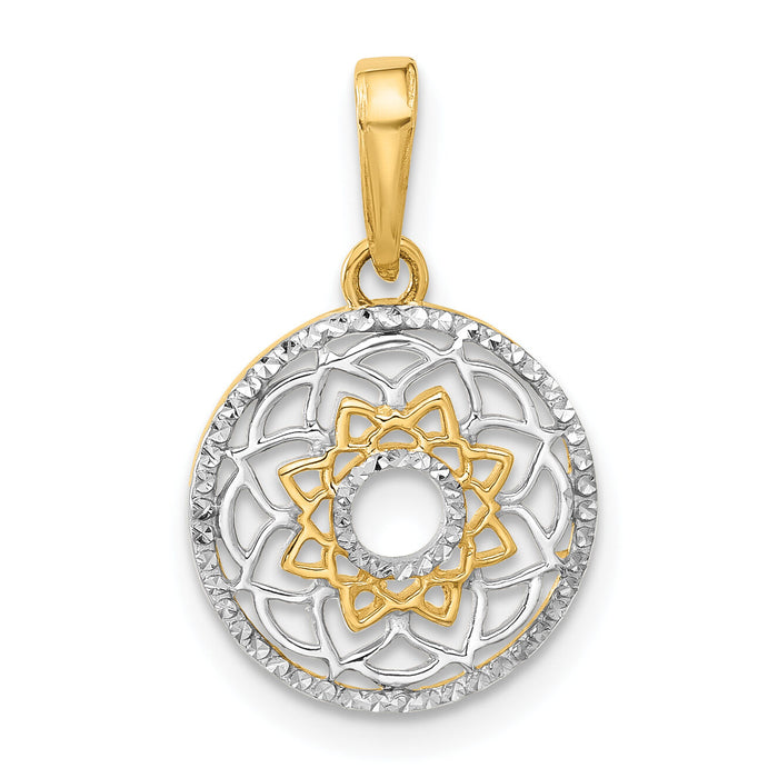 14k and White Rhodium Polished Floral Design Circle Pendant-C4869