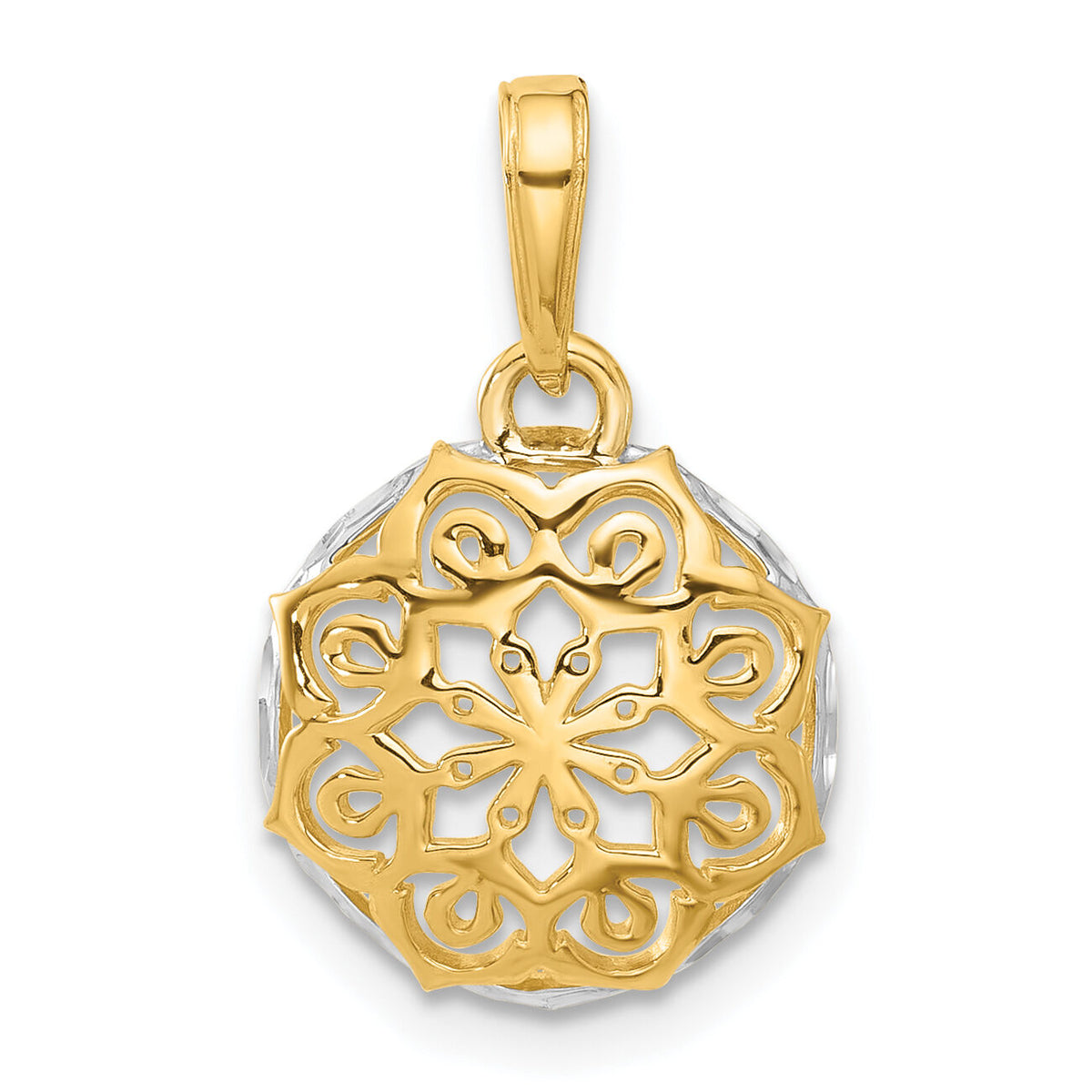14k and White Rhodium Floral Design Circle Pendant-C4870