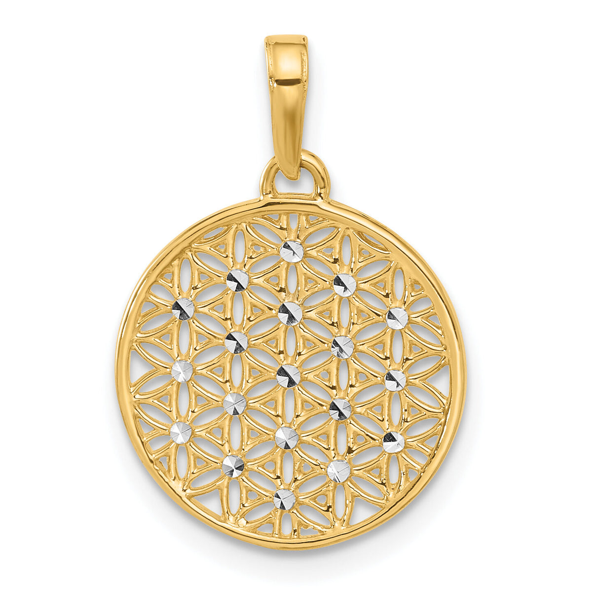14K and Rhodium Polished and D/C Flower Circle Pendant-C4871