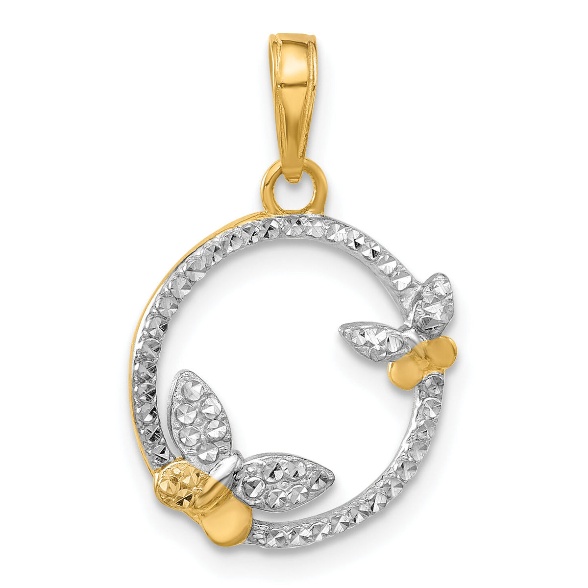14K And White Rhodium D/C Butterflies on Circle Pendant-C4874