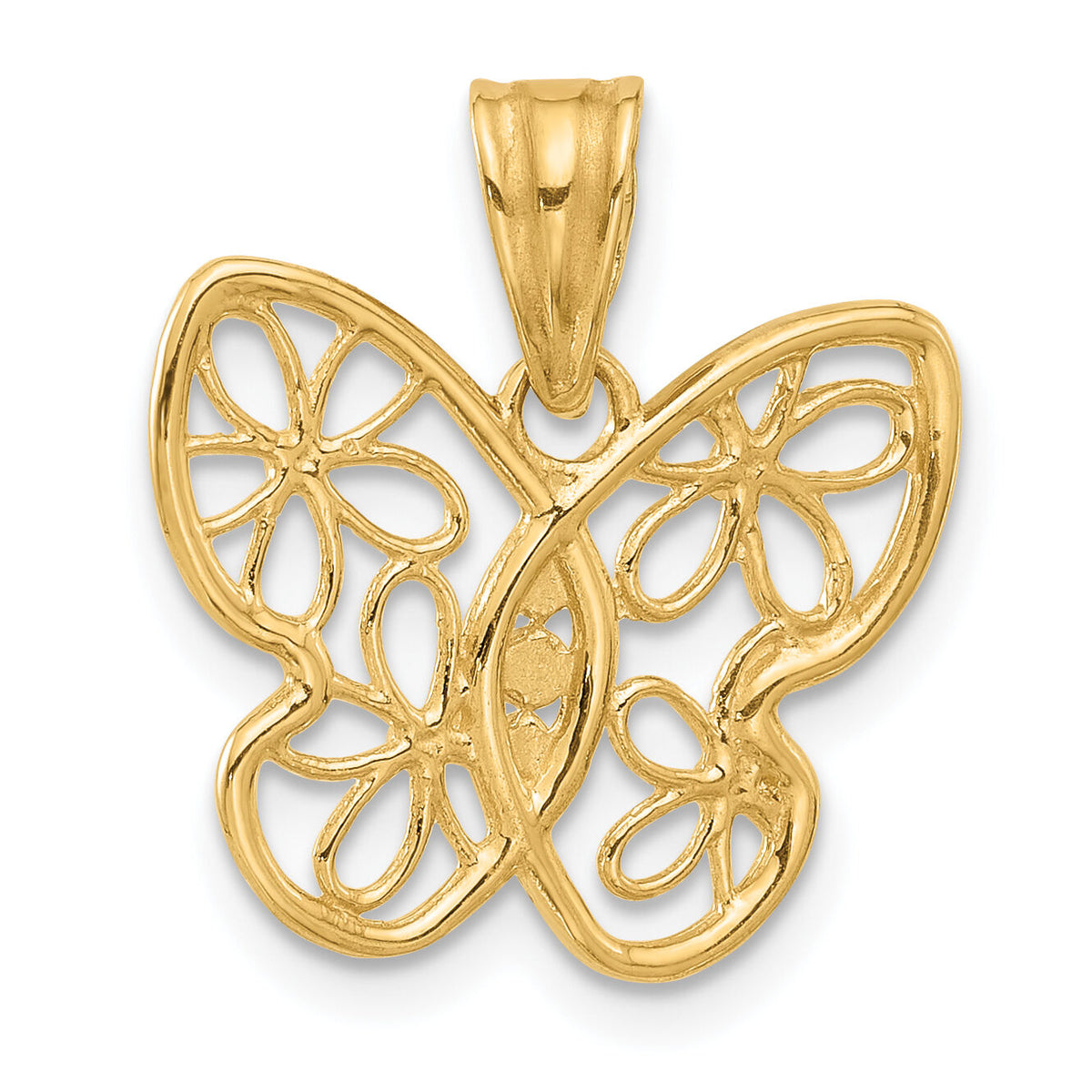 14K and White Rhodium Polished and D/C Flower Butterfly Pendant-C4877