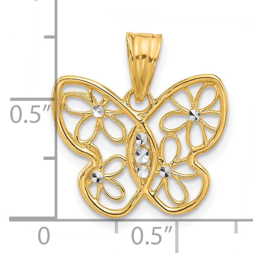 14K and White Rhodium Polished and D/C Flower Butterfly Pendant-C4877