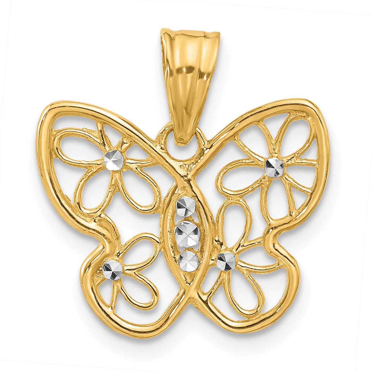 14K and White Rhodium Polished and D/C Flower Butterfly Pendant-C4877