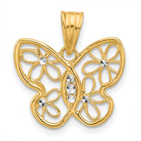 14K and White Rhodium Polished and D/C Flower Butterfly Pendant-C4877