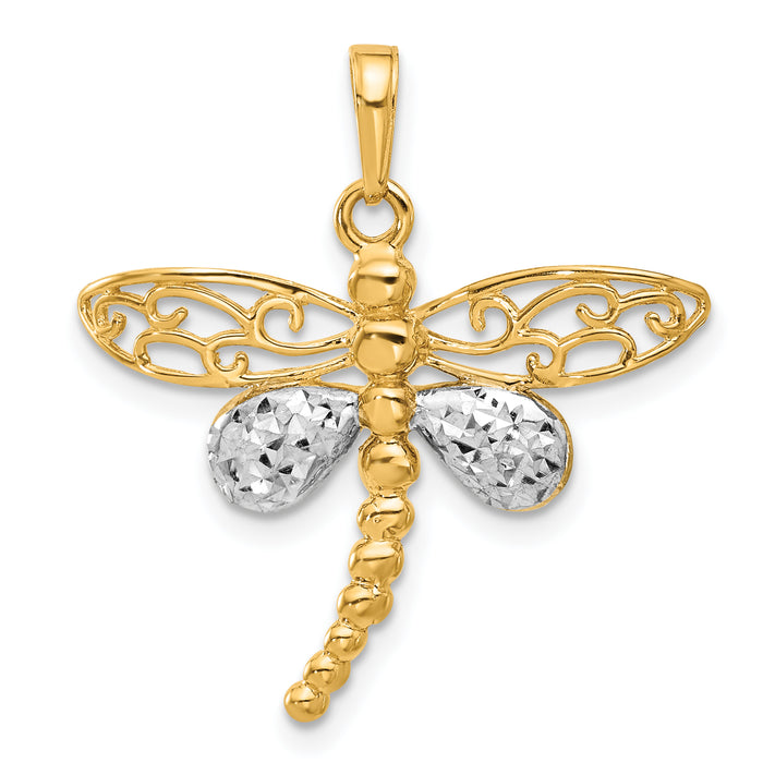 14k and White Rhodium Polished and D/C Dragonfly Pendant-C4880