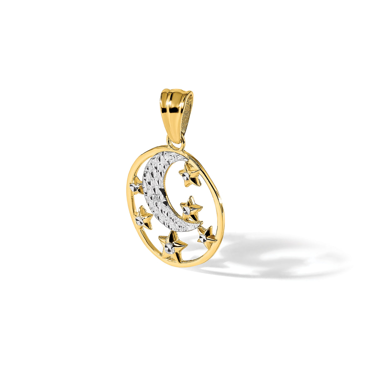 14K and White Rhodium D/C Moon and Stars Pendant-C4883