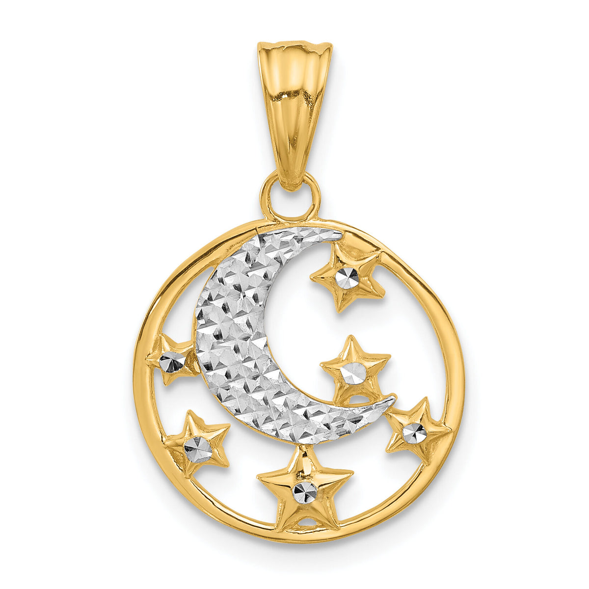 14K and White Rhodium D/C Moon and Stars Pendant-C4883