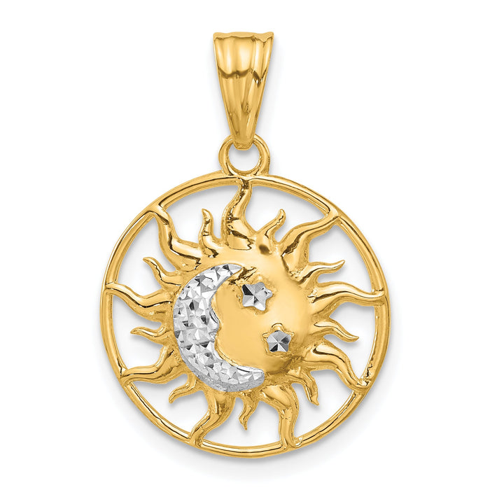 14K and White Rhodium D/C Sun Moon Stars Pendant-C4891