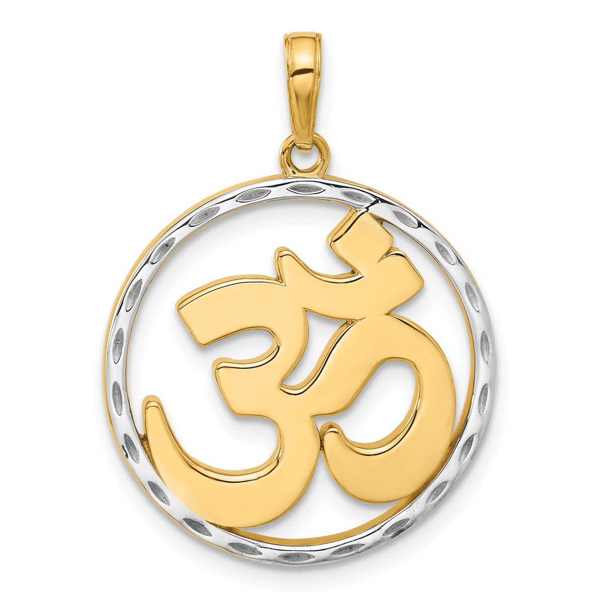 14K and White Rhodium D/C Om in Circle Pendant-C4892