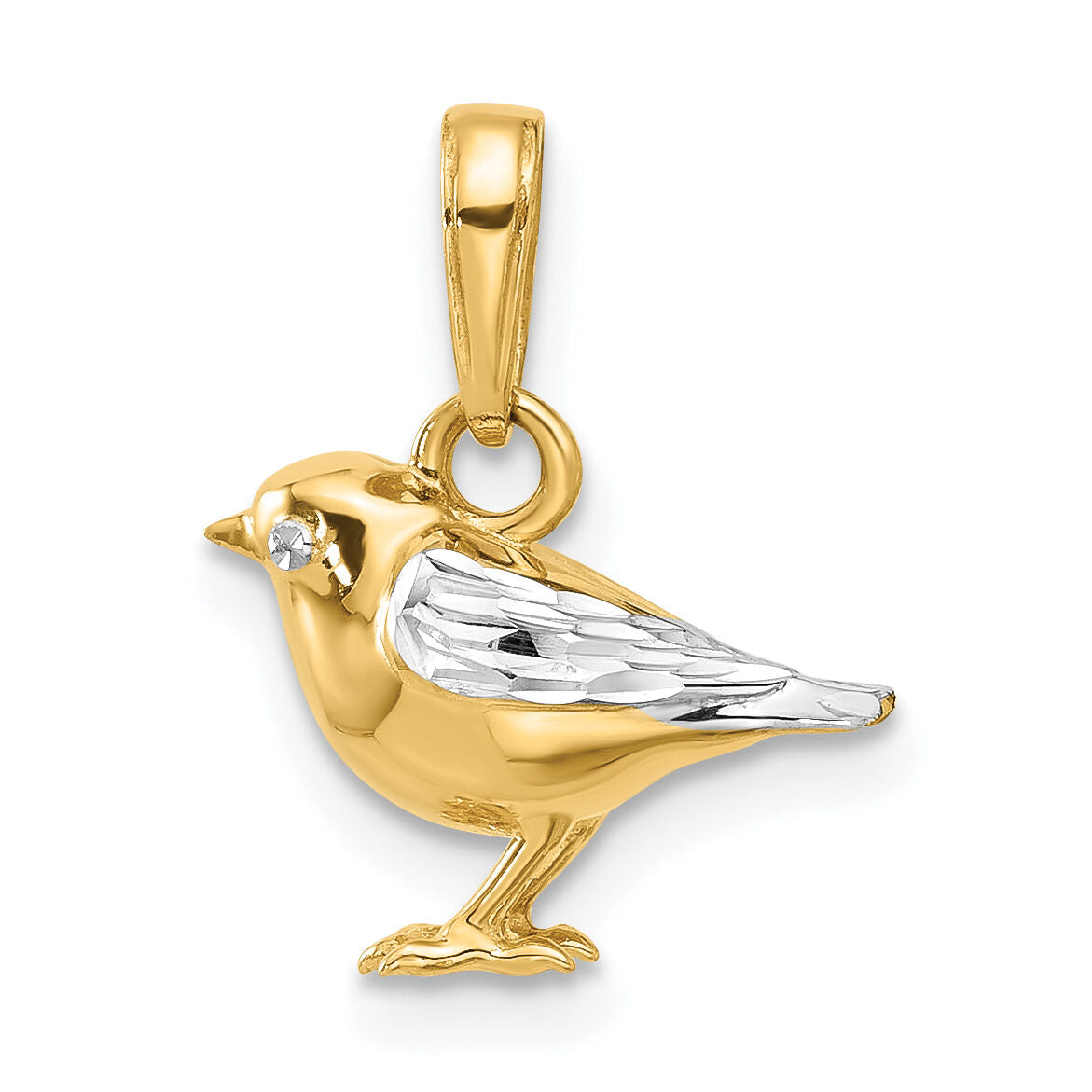 14K and White Rhodium D/C 3D Bird Pendant-C4898