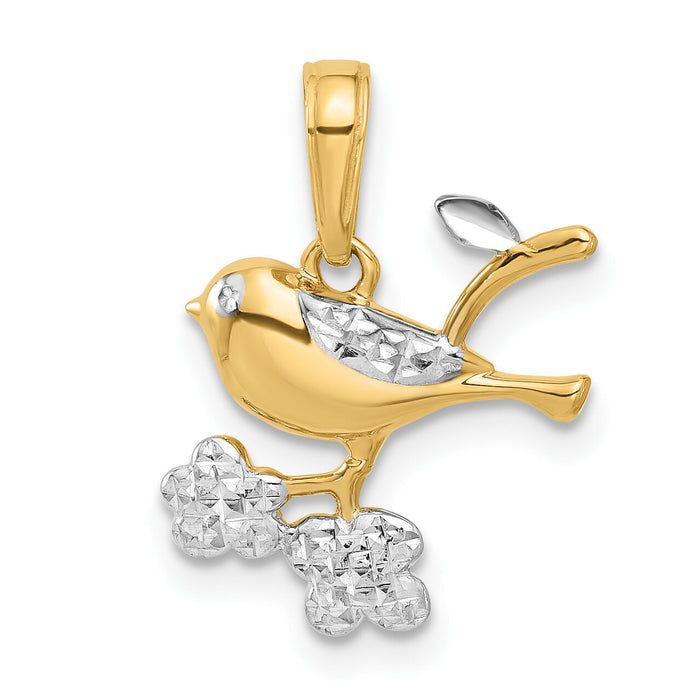14K and White Rhodium D/C Bird on Branch Pendant-C4899
