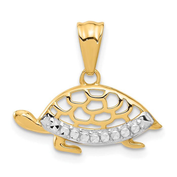 14K with White Rhodium Diamond Cut Turtle Pendant-C4907