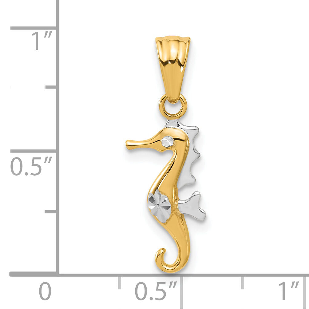 14K with White Rhodium Polished and Diamond Cut Seahorse Pendant-C4912