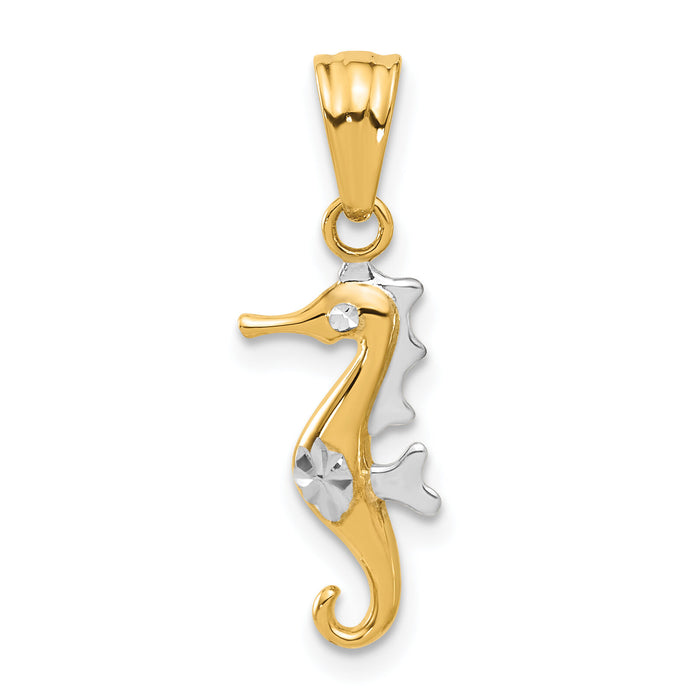 14K with White Rhodium Polished and Diamond Cut Seahorse Pendant-C4912