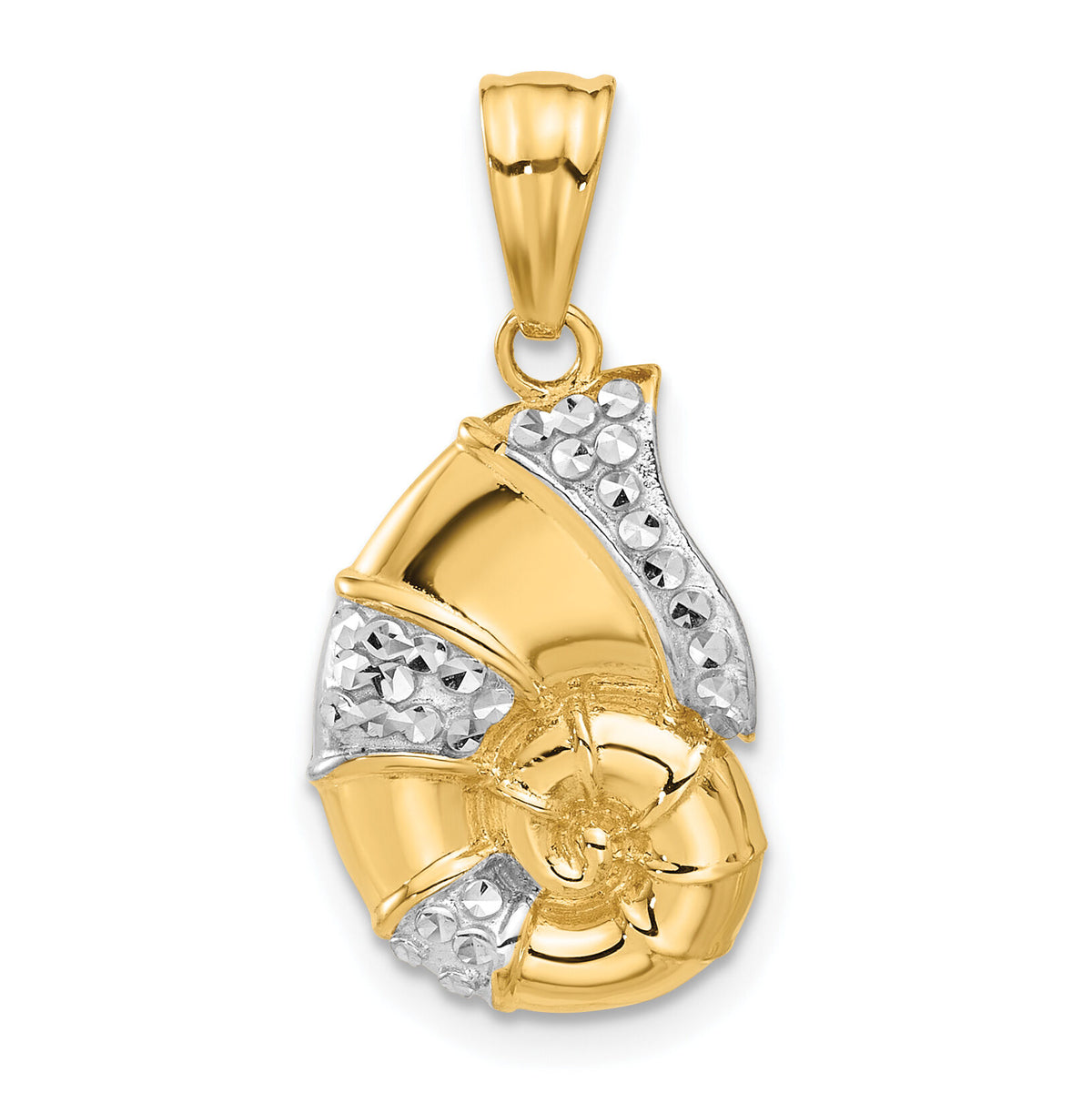 14K with White Rhodium Polished and Diamond Cut Nautilus Shell Pendant-C4913