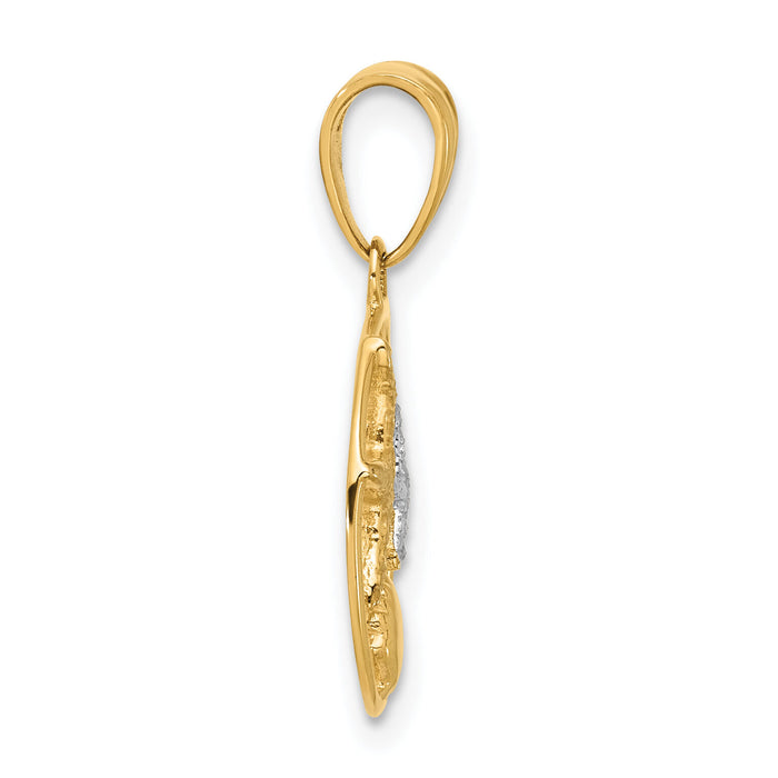 14K with White Rhodium Diamond Cut Starfish Seashell in Circle Pendant-C4914