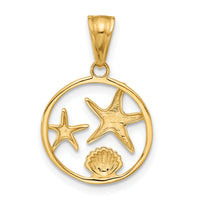 14K with White Rhodium Diamond Cut Starfish Seashell in Circle Pendant-C4914