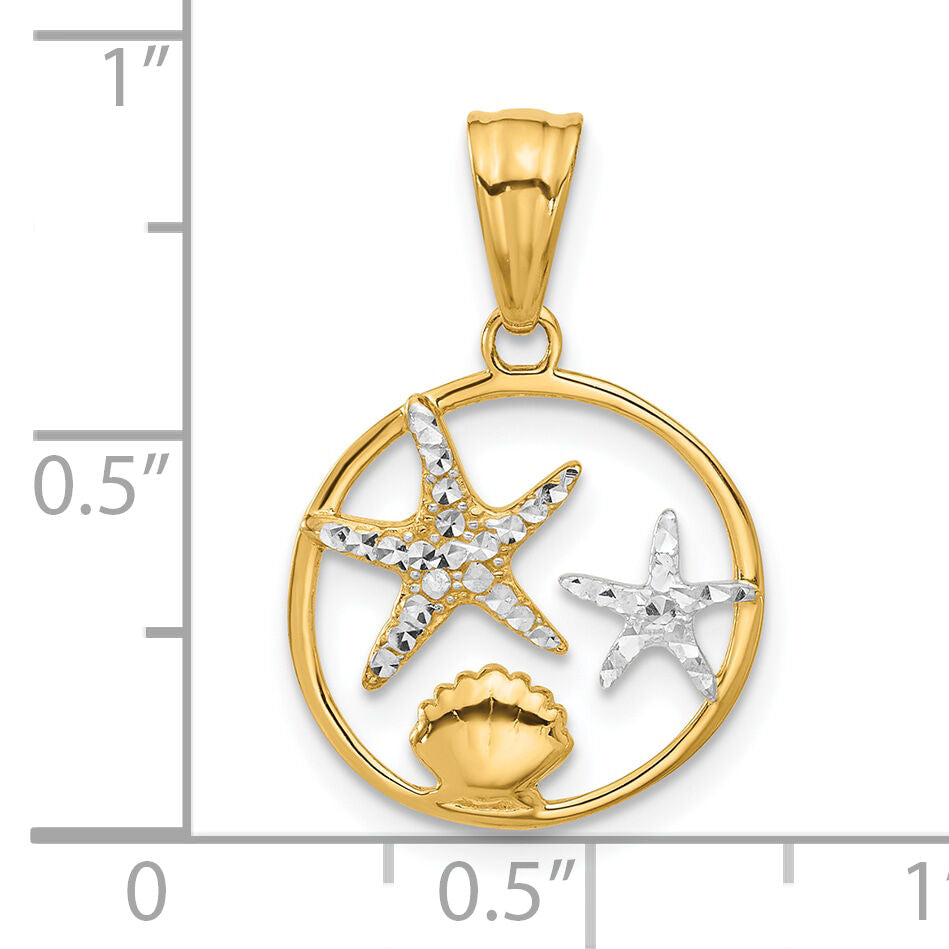 14K with White Rhodium Diamond Cut Starfish Seashell in Circle Pendant-C4914