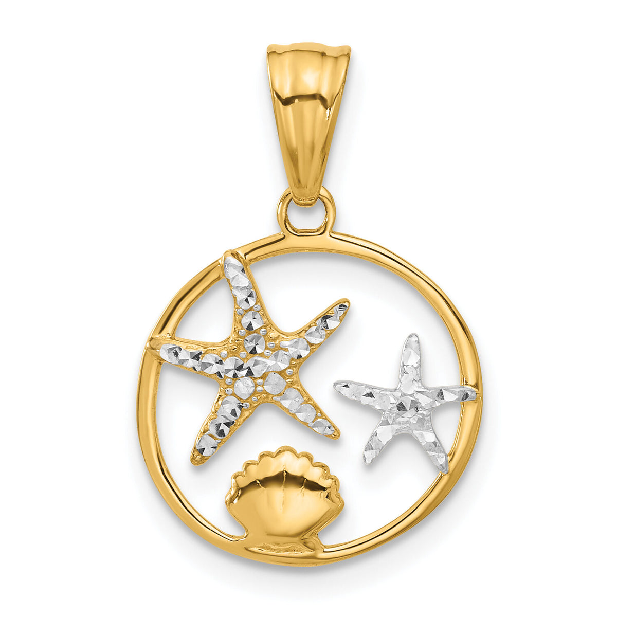 14K with White Rhodium Diamond Cut Starfish Seashell in Circle Pendant-C4914