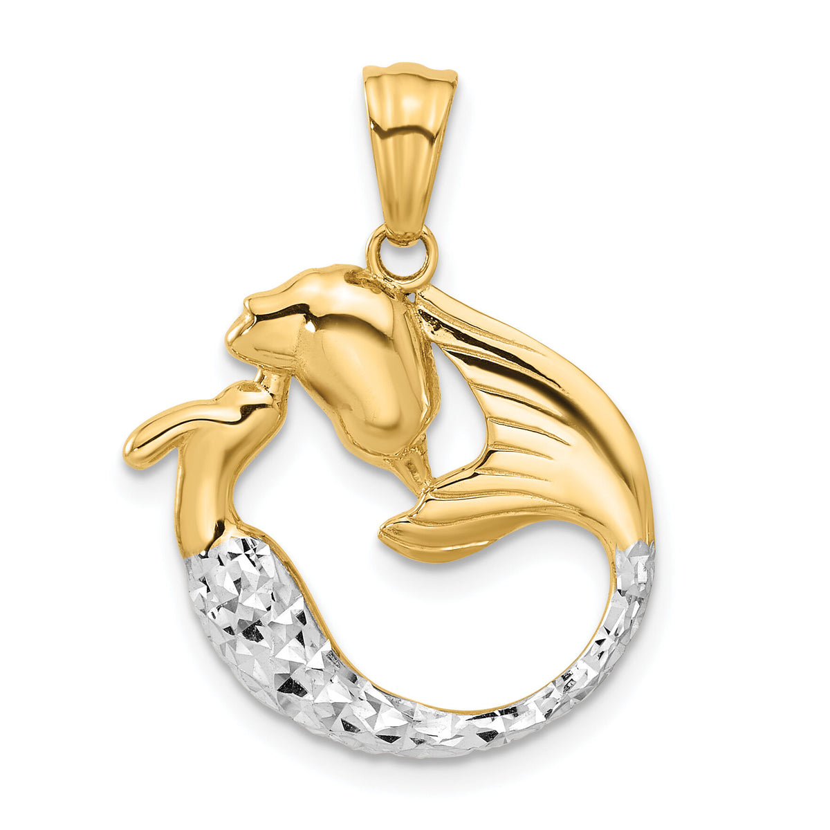 14K with White Rhodium Diamond Cut Mermaid Pendant-C4916