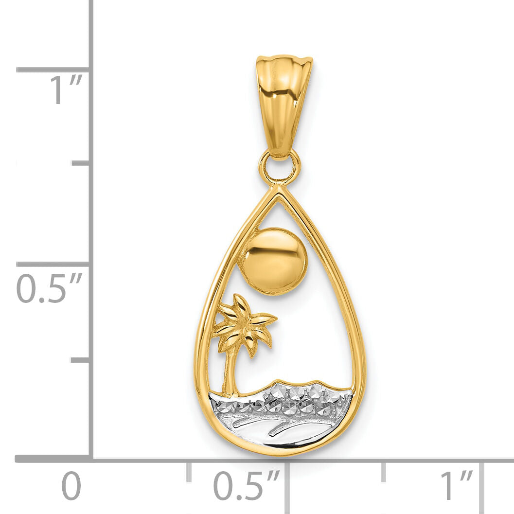 14K with White Rhodium Diamond Cut Ocean Scene Teardrop Pendant-C4917